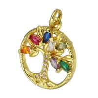 Cubic Zirconia Micro Pave Brass Pendant, gold color plated, tree of life design & micro pave cubic zirconia & hollow, multi-colored Approx 2mm 