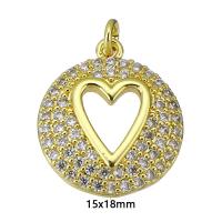 Cubic Zirconia Micro Pave Brass Pendant, Flat Round, gold color plated, with heart pattern & micro pave cubic zirconia & hollow Approx 2mm 