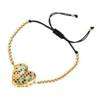 Cubic Zirconia Micro Pave Brass Bracelet, with Polyester Cord, Heart, gold color plated, Adjustable & fashion jewelry & micro pave cubic zirconia, golden cm 