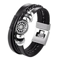 Leather Bracelet, with Split Layer Cowhide Leather & Zinc Alloy, Round, silver color plated, fashion jewelry & for man 