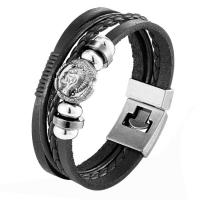 Split Layer Cowhide Leather Bracelet, with Zinc Alloy, Round, silver color plated, fashion jewelry & for man 
