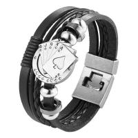 Split Layer Cowhide Leather Bracelet, with Leather & Zinc Alloy, Poker, silver color plated, fashion jewelry & for man 