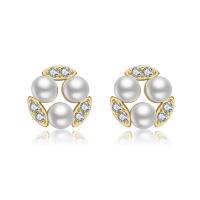 Brass Stud Earring, with Plastic Pearl, Geometrical Pattern, plated, micro pave cubic zirconia & for woman 