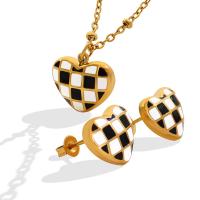 Titanium Steel Jewelry Set, Stud Earring & necklace, Heart, Vacuum Ion Plating, gingham & for woman 