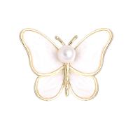 Shell Brooch, Zinc Alloy, with White Shell & Plastic Pearl, Butterfly, gold color plated & for woman & with rhinestone 