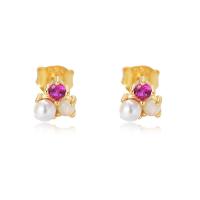 925 Sterling Silver Stud Earring, with Plastic Pearl, plated, micro pave cubic zirconia & for woman 