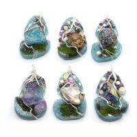 Ice Quartz Agate Pendants, with brass wire & Freshwater Pearl & Resin, irregular, silver color plated, DIY 30x45- 