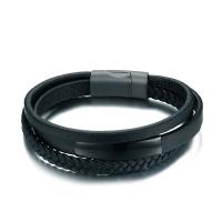 304 Stainless Steel Bracelet, with PU Leather, three layers & fashion jewelry & for man, black, 8mm Approx 8.07 Inch 