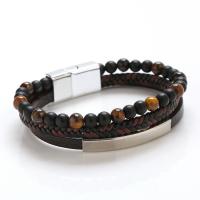 Cowhide Bracelet, with Natural Stone, Round, silver color plated, fashion jewelry & for man cm 