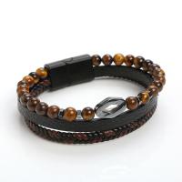 Cowhide Bracelet, with Natural Stone, Round, plumbum black color plated, fashion jewelry & for man cm 
