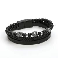 Cowhide Bracelet, with Natural Stone, Round, plumbum black color plated, fashion jewelry & for man cm 