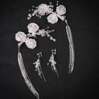 Wedding Jewelry Set, Clear Quartz, hair clip & earring, with Plastic Pearl, handmade, 2 pieces & for bridal & with rhinestone, white, 7*14cm(17cm) 