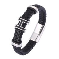 Microfiber PU Bracelet, with 316L Stainless Steel, Round, silver color plated, fashion jewelry & for man 12mm [