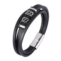 Microfiber PU Bracelet, with 316L Stainless Steel, Round, silver color plated, fashion jewelry & for man, black, 12mm 