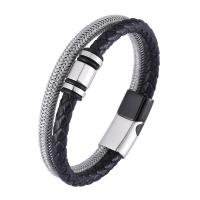 Split Layer Cowhide Leather Bracelet, with 316L Stainless Steel, Round, plated, fashion jewelry & for man, black, 12mm 