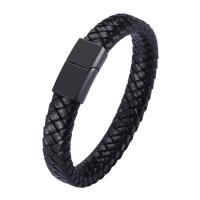 Leather Bracelet, with 316L Stainless Steel, Round, plumbum black color plated, fashion jewelry & for man 12mm 