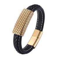 Microfiber PU Bracelet, with 316L Stainless Steel, Round, gold color plated, fashion jewelry & for man 12mm 