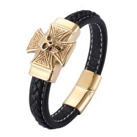 Microfiber PU Bracelet, with 316L Stainless Steel, Skull, gold color plated, fashion jewelry & for man 12mm 