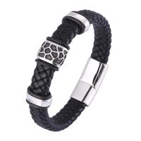 Split Layer Cowhide Leather Bracelet, with 316L Stainless Steel, Round, silver color plated, fashion jewelry & for man 12mm 
