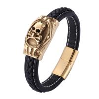 Microfiber PU Bracelet, with 316L Stainless Steel, Round, gold color plated, fashion jewelry & for man 12mm 