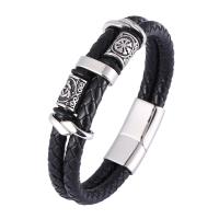 Leather Bracelet, with 316L Stainless Steel, Round, silver color plated, fashion jewelry & for man 12mm 