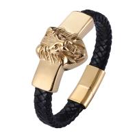 Leather Bracelet, with 316L Stainless Steel, Lion, gold color plated, fashion jewelry & for man 12mm 