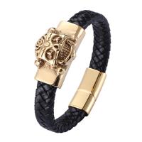 Leather Bracelet, with 316L Stainless Steel, Skull, gold color plated, fashion jewelry & for man 12mm 