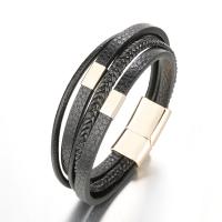 PU Leather Bracelet, with Zinc Alloy, gold color plated, fashion jewelry & multilayer & for man, black Approx 7.8 Inch 