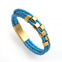 PU Leather Bracelet, with Titanium Steel, gold color plated, three layers & dyed & for man, blue 