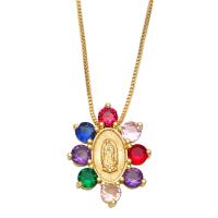 Cubic Zircon Micro Pave Brass Necklace, with Cubic Zirconia, with 1.97 extender chain, Virgin Mary, gold color plated, for woman .32 Inch 