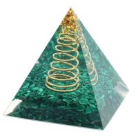 Resin Pyramid Decoration, with Gold Foil & Malachite & Tiger Tail Wire, Pyramidal, gold color plated, mixed colors, 60mm 