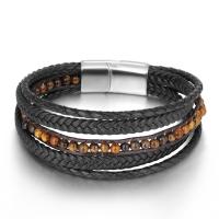 PU Leather Cord Bracelets, with Titanium Steel & Tiger Eye, stoving varnish, fashion jewelry & multilayer & Unisex Approx 8.46 Inch 