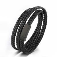 PU Leather Bracelet, with 304 Stainless Steel, stoving varnish, three layers & fashion jewelry & for man, black, 20mm Approx 22.83 Inch 