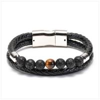 Gemstone Bracelets, Lava, with Magnet & Leather & Tiger Eye, handmade, Double Layer & fashion jewelry & Unisex 8mm Approx 8 Inch 