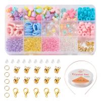 DIY Bracelet Beads Set, Acrylic, Elastic Thread & Lobster Clasp & ear plugs & beads, with Plastic Box & Crystal Thread & Silicone & Iron, gold color plated, mixed colors Approx 