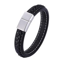 Microfiber PU Bracelet, with 316 Stainless Steel, Round, silver color plated, fashion jewelry & for man 12mm 