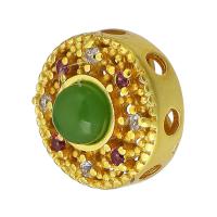 Brass Slider Beads, with Glass, sang gold plated, micro pave cubic zirconia & hollow, green Approx 2mm 