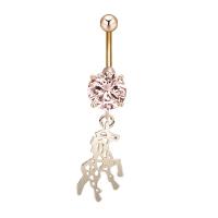 Belly Ring Jewelry, Zinc Alloy, with Cubic Zirconia & 304 Stainless Steel, Horse, Galvanic plating, for woman & faceted & hollow 