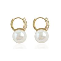 Brass Lever Back Earring, with Plastic Pearl, gold color plated, micro pave cubic zirconia & for woman 