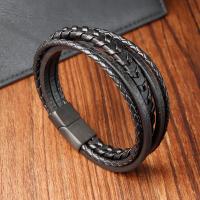 PU Leather Bracelet, with 304 Stainless Steel, Vacuum Ion Plating, fashion jewelry & multilayer & for man, black cm 