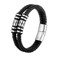 PU Leather Bracelet, with 304 Stainless Steel, fashion jewelry & multilayer & for man, black cm 