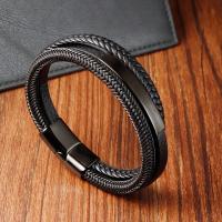 PU Leather Bracelet, with 304 Stainless Steel, Vacuum Ion Plating, fashion jewelry & multilayer & for man, black cm 
