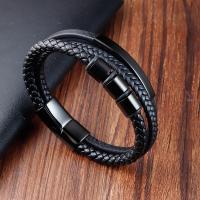 PU Leather Bracelet, with 304 Stainless Steel, Round, plumbum black color plated, fashion jewelry & for man, black cm 