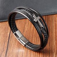 PU Leather Bracelet, with 304 Stainless Steel, Cross, silver color plated, fashion jewelry & multilayer & for man, black cm 