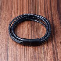 PU Leather Bracelet, with 304 Stainless Steel, Round, plumbum black color plated, fashion jewelry & multilayer & for man, black cm 