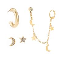 Iron Earring Set, with Brass, Moon and Star, plated, 4 pieces & for woman & with rhinestone 80mm 