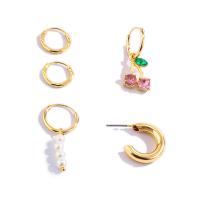 Iron Earring Set, with Plastic Pearl & Zinc Alloy, gold color plated, for woman & with rhinestone, 13mm, 32mm 18mm 