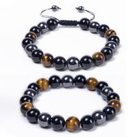 Black Obsidian Bracelet, with Black Magnetic Stone & Polyester Cord & Tiger Eye, Round, Unisex mixed colors, 8-10mm .6-8.5 Inch 