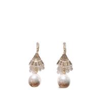 Brass Drop Earring, with Plastic Pearl, gold color plated, micro pave cubic zirconia & for woman, 52mm 