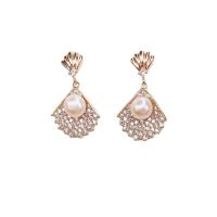 Brass Drop Earring, with Plastic Pearl, gold color plated, micro pave cubic zirconia & for woman 